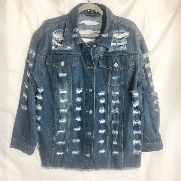 Thrill Ripped Destroyed Jeans Jacket 1X Plus Distressed Denim Pockets From 8/23 - Picture 1 of 12